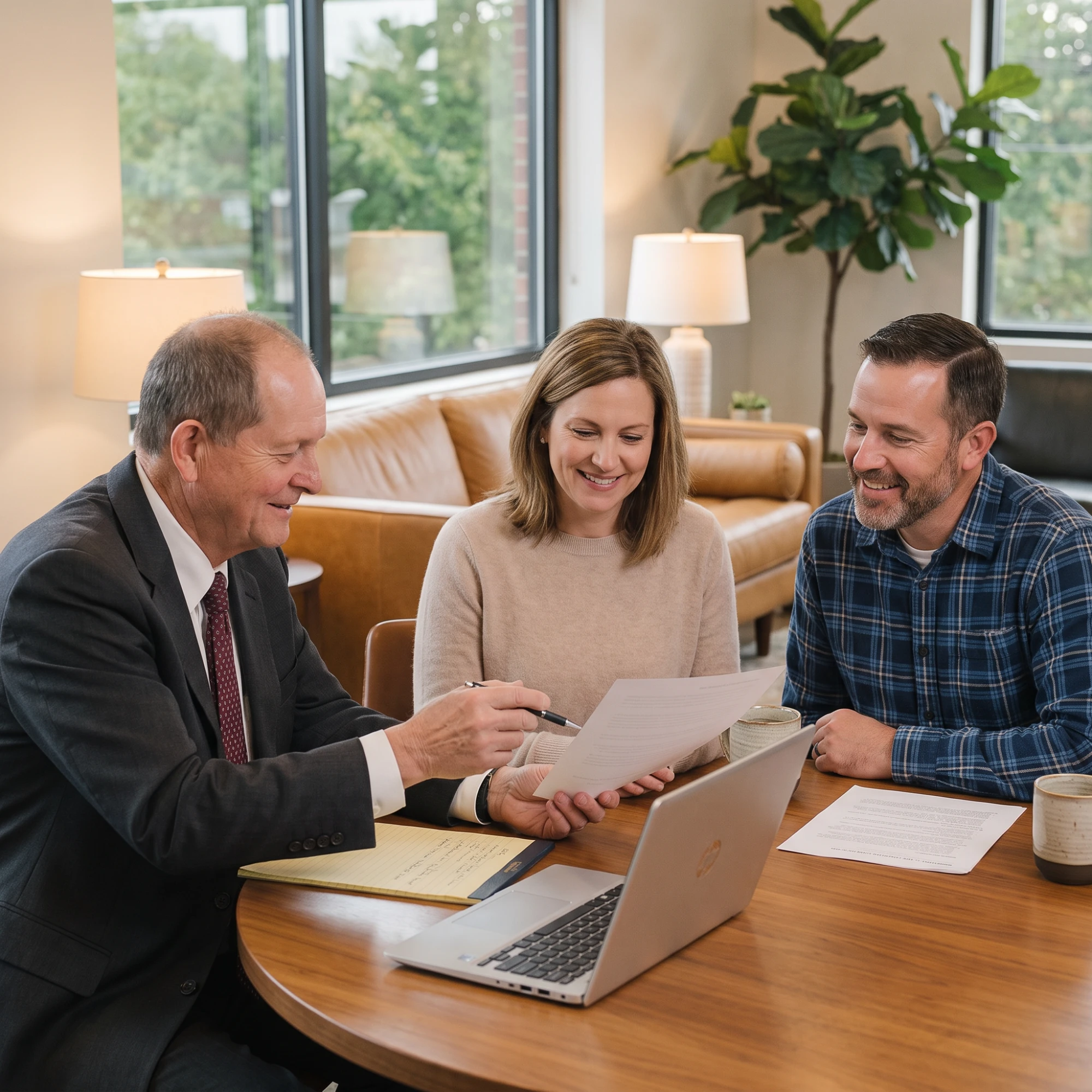 Gary G. Norris with clients Gary G. Norris reviewing a document with two clients at a conference table