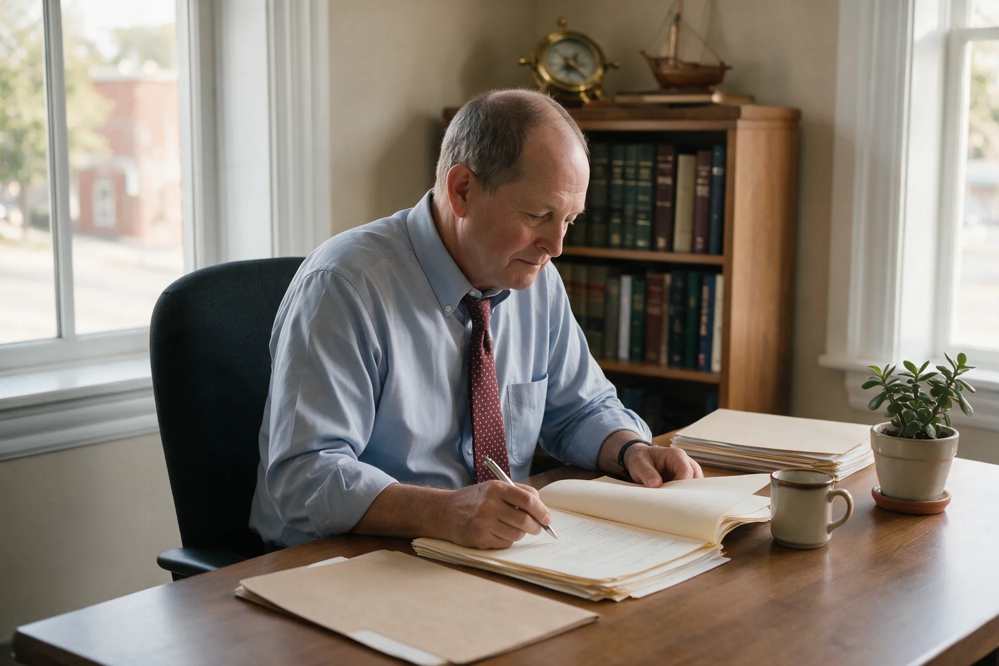 Gary G. Norris reading a file at his desk in his McMinnville office