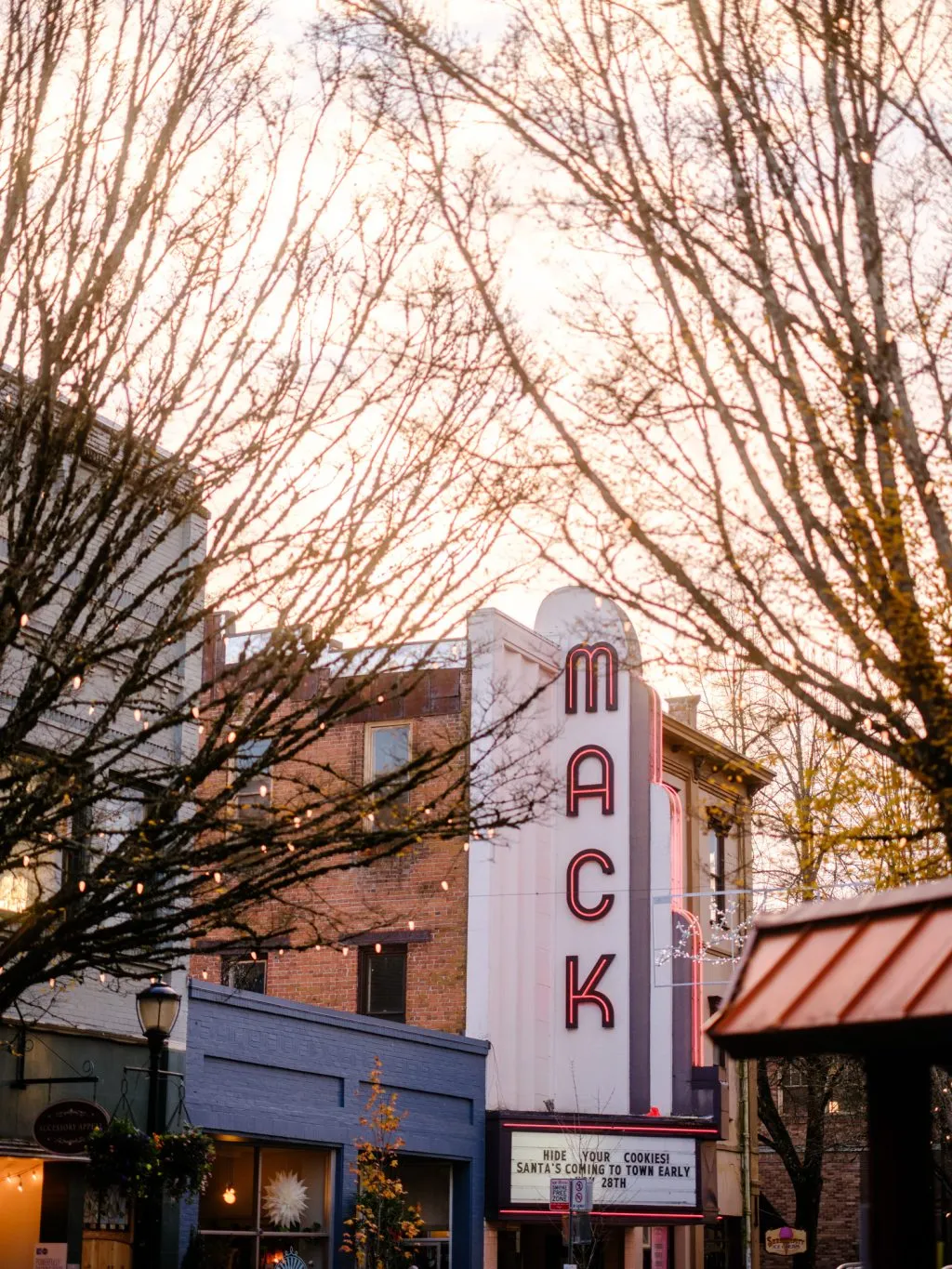 The Mack Theater marquee on NE Third Street in downtown McMinnville, Oregon