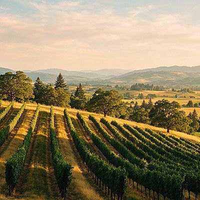 The Yamhill Valley Vineyard rows and hills of the Yamhill Valley near McMinnville, Oregon, in late afternoon light
